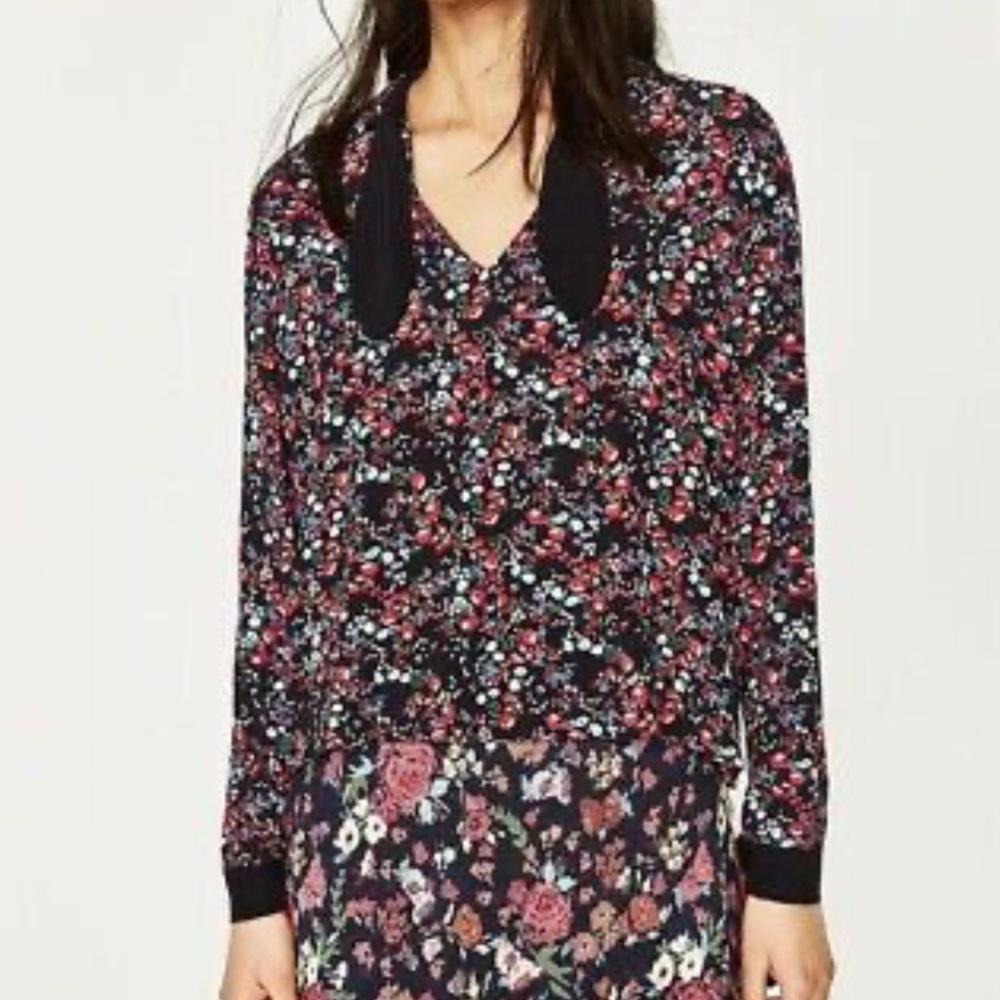 ZARA Floral Print Long Sleeve Neck Tie Blouse 0997